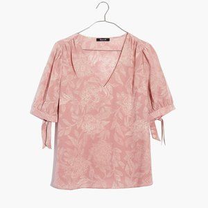 Madewell 100% Silk V-Neck Tie-Sleeve Top in Pindot Blooms NWT $110 Dainty